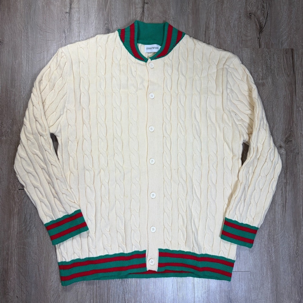 Oxknitstore Cable Knit Cardigan Sweater 2XL Beige Cream Long Sleeve Christmas